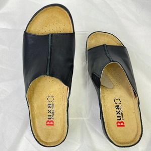 BUXA Wide Slippers Black Leather Sandal sz 38